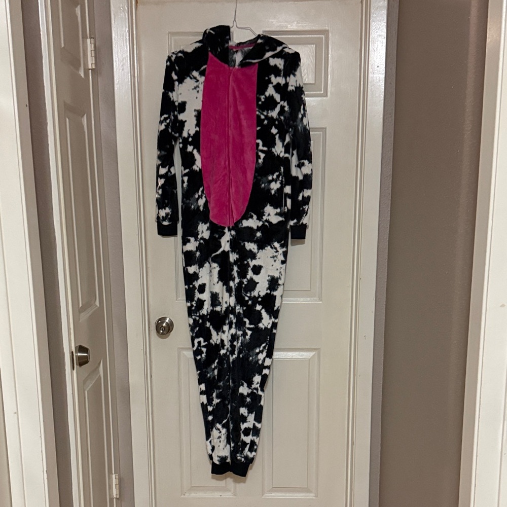 Cozy Black & White Cow Print Onesie with Pink Accent